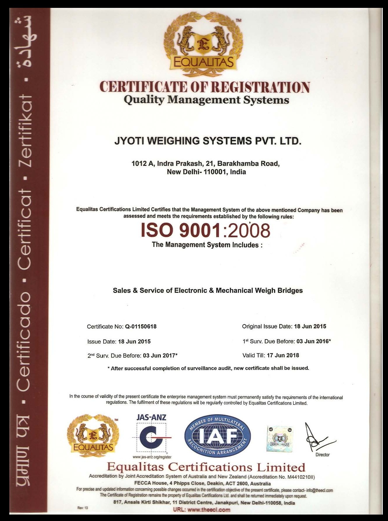 jyoti weighbridges ISO certificate